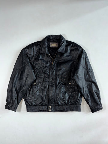 Vintage 90s Dino Gallucci Black Leather Bomber Jacket – Embossed Logo, Snap Pockets (XL)