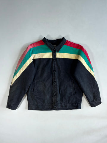 Beachflame Washed Black Canvas Jacket – Pink, Teal & Cream Chevron Stripes (L/XL)