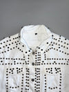 Heavy All-Over Silver Dome & Black Mirror Stud Embellished White Raw Hem Denim Jacket (L)