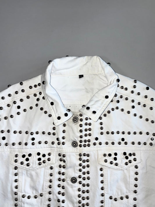 Heavy All-Over Silver Dome & Black Mirror Stud Embellished White Raw Hem Denim Jacket (L)