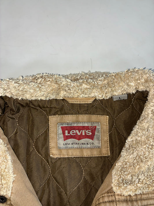 Levi’s Tan Canvas Sherpa Collar Utility Jacket – Quilted Lining, Flap Pockets (XL)