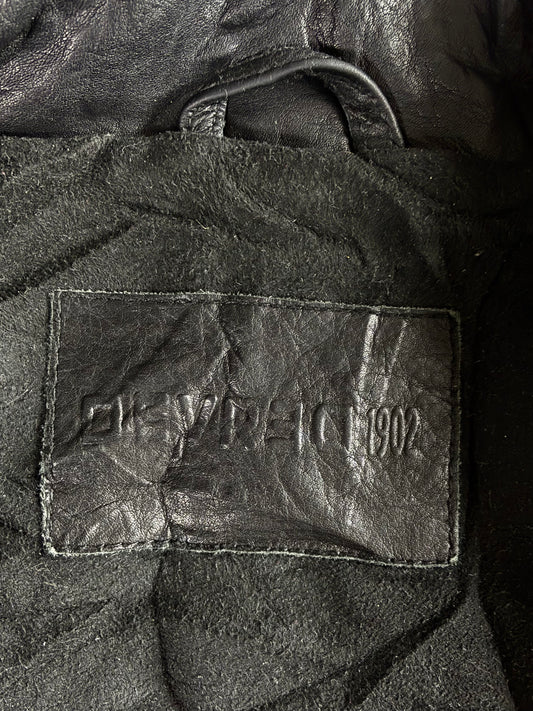 Vintage Black Leather Café Racer Jacket with Buckle Strap Collar & Side Waist Adjusters (L)