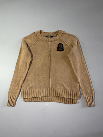 Lauren Ralph Lauren Camel Knit Sweater with Gold Crest Patch (S/M)