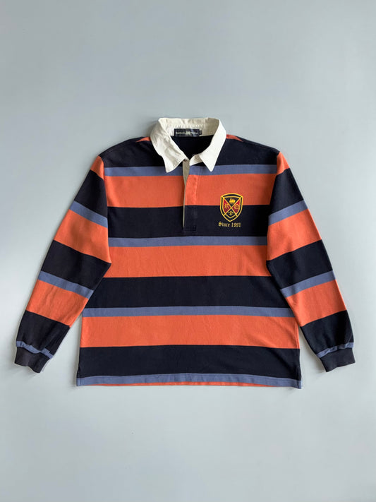 Vintage Striped Rugby Shirt – Navy, Orange & Grey “Since 1991” Crest (XL)