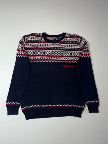 Polo Ralph Lauren | Navy Red Fair Isle Script Logo Knit Sweater | (XL)
