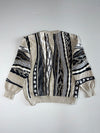Viaggio 3D Textured Knit Crewneck Sweater, Beige, Black & Grey Abstract Pattern (L/XL)