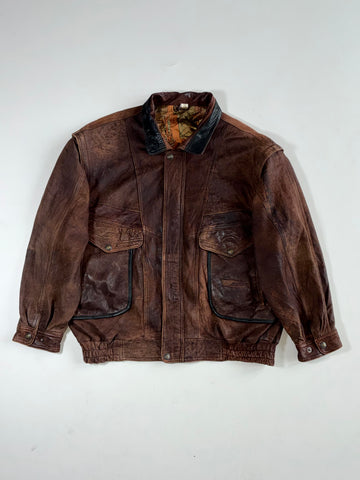 Vintage Brown Distressed Leather Detachable Sleeve Bomber Jacket (2XL)