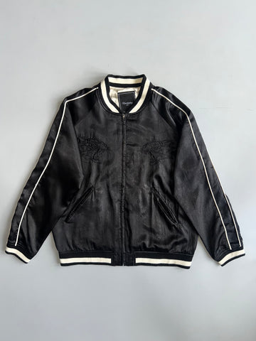 Unrelaxing Design” Satin Souvenir Jacket Black Tiger Embroidered Varsity Bomber (M)