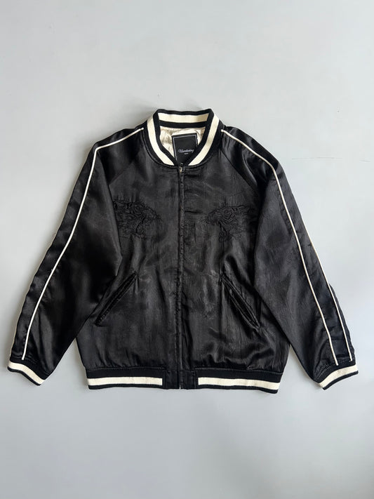 Unrelaxing Design” Satin Souvenir Jacket Black Tiger Embroidered Varsity Bomber (M)
