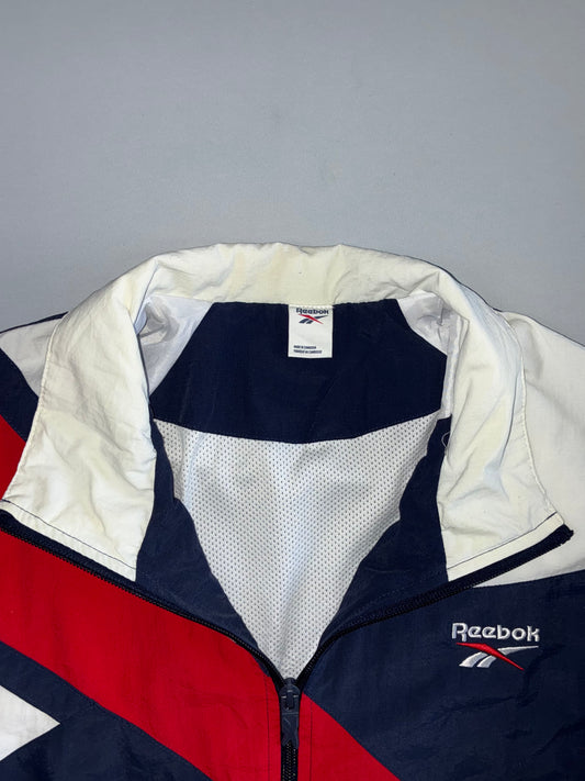 Vintage 90s Reebok Colorblock Windbreaker Jacket | Navy Blue Red White Diagonal Stripe Track Top (L)