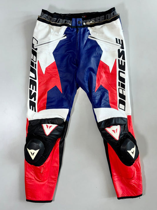 Dainese Pure Leather Moto Racing Pants  Red/White/Blue Colorblock Armored Knee Protection W/ Sliders (W:34 |L:40)