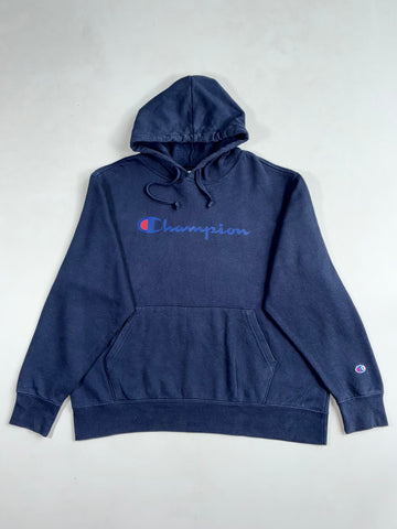 Champion Navy Script Logo Hoodie, Reverse Weave Style Fleece (XL)