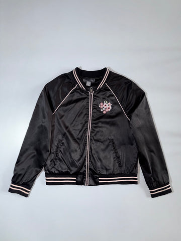 Suzy Shier Black Satin Embroidered Bomber Jacket (S/M)