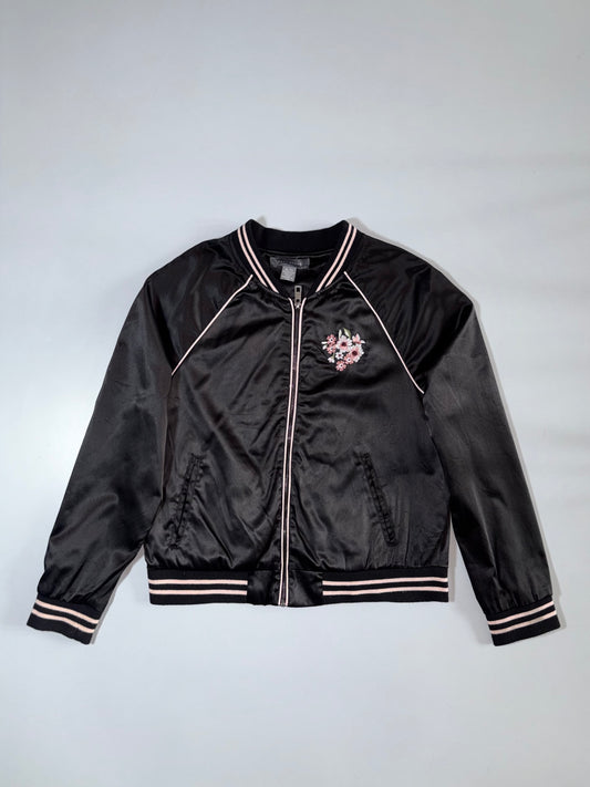 Suzy Shier Black Satin Embroidered Bomber Jacket (S/M)