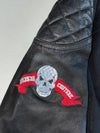 Black Leather Sleeve Asymmetric Biker Jacket – Quilted Shoulders, Skull Patch  Leather Sleeves Women’s (S)