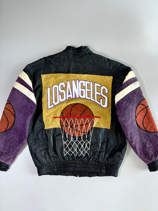 Vintage 90s On Demand Corp “Los Angeles” Basketball Leather Bomber Jacket Back Embroidered (XL)