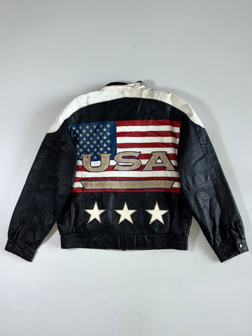 Vintage Stallion California USA Flag Leather Racing Jacket (L/XL)
