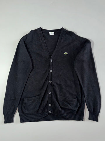 Vintage Lacoste Black Wool V-Neck Cardigan – Classic Croc Logo (XL)