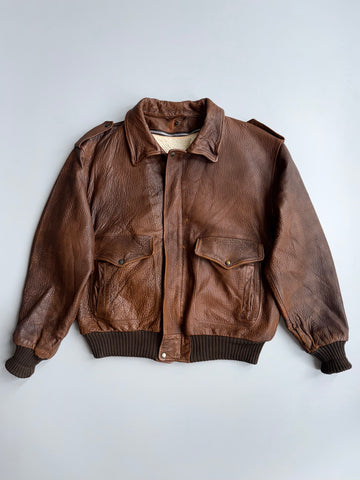 Vintage Genuine Leather Bomber Jacket | “United States Navy Top Gun” Embossed Sherpa Lined A-2 Style | Vera Pelle Made in Italy (XL)