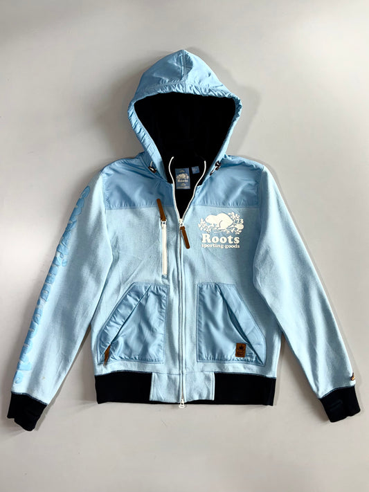 Roots Canada “Keep On Keepin’ On” Baby Blue Hybrid Shell-Hood Zip Hoodie (M)