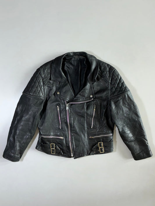 Vintage Quilted-Shoulder Leather Moto Jacket (S/M)