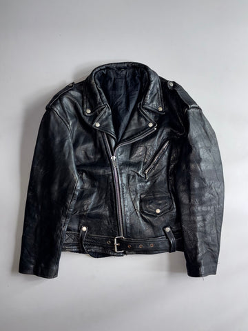 Vintage | Black Leather Belted Biker Jacket (M)