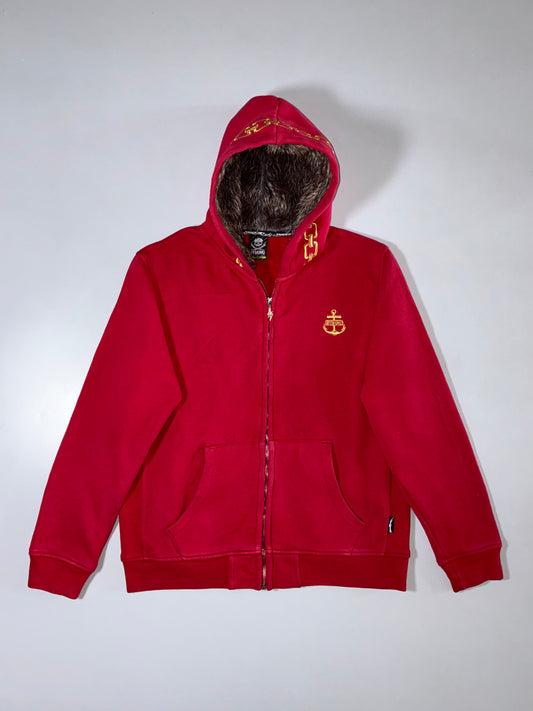 STHINC Faux Fur Lined Chain Embroidered Zip Hoodie Red (L)