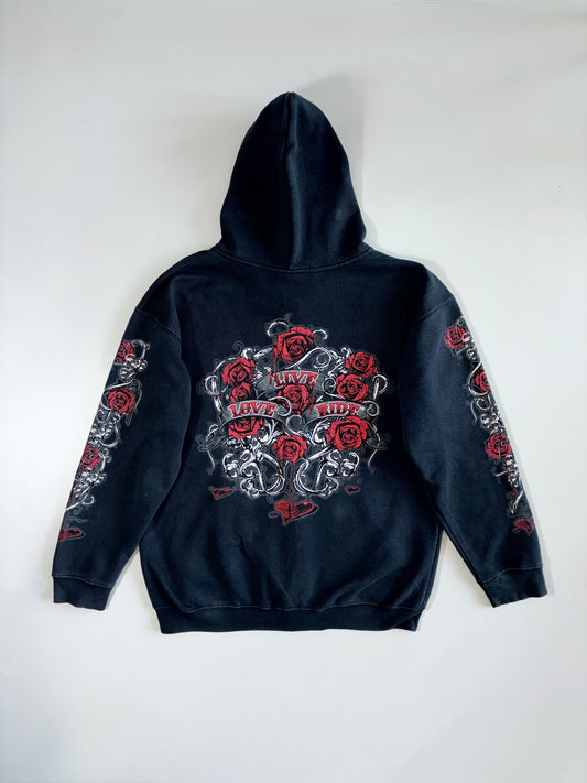 Vintage Biker Aesthetic Rose Graphic Premium Hoodie (L)