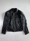 Vintage Black Pleated Leather Trucker Jacket Zip-Front Genuine Leather Jacket (L)