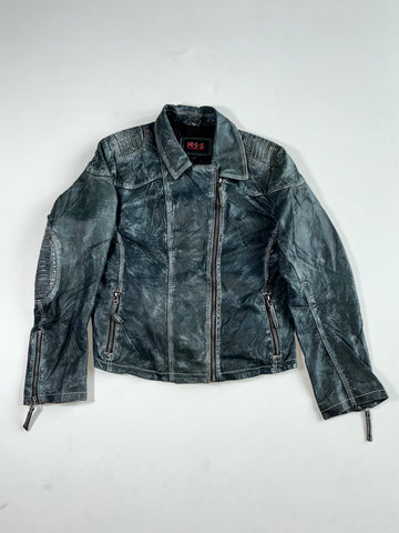 Vintage HIS Blue Grey Distressed Leather Biker Jacket Women's (M)