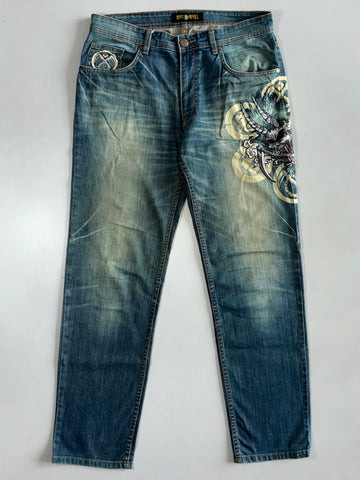 Oni Rrai Embroidered Demon Graphic Denim Jeans (W:36|L:43)
