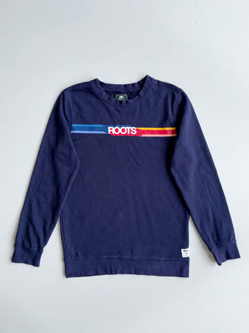 Roots Kids Navy Retro Stripe Logo Crewneck Sweatshirt (S)