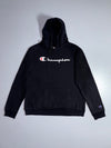 Champion Script Logo Pullover Hoodie – Black, (M)