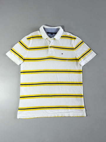 Tommy Hilfiger White & Yellow Striped Polo T-Shirt (L/XL)