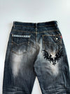 Sheng Yuehan Y2K Heavy Distressed Whisker Wash Dark Indigo Straight Leg Denim Jeans (W:32 |L:44)
