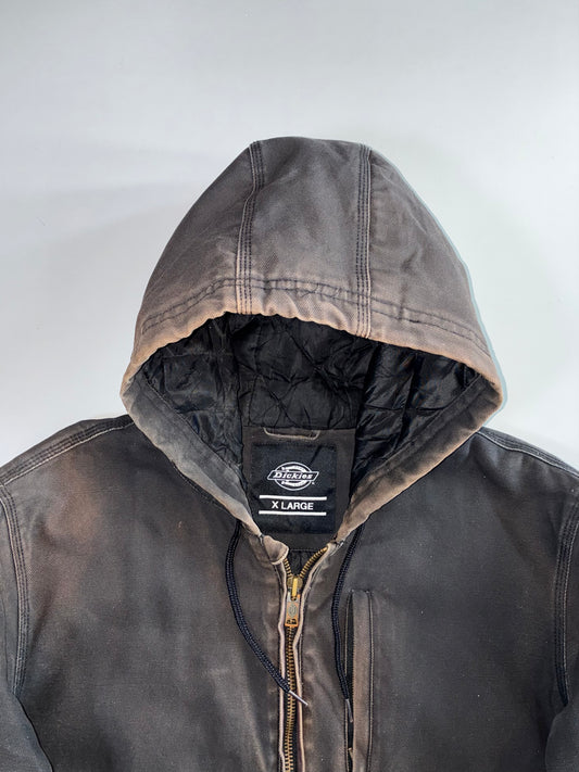 Vintage Dickies Faded Black Canvas Duck Quilted Hooded Work Jacket (XL)