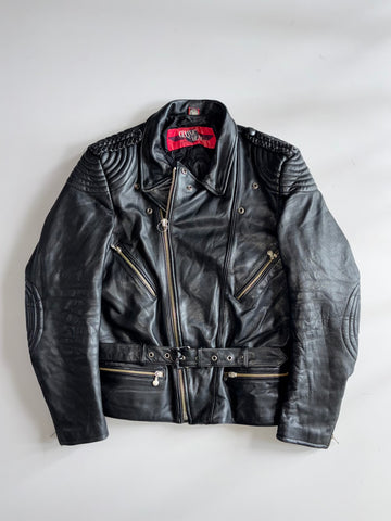 Classic Gear Black Leather Biker Jacket with Belt & Quilted Shoulders (L)