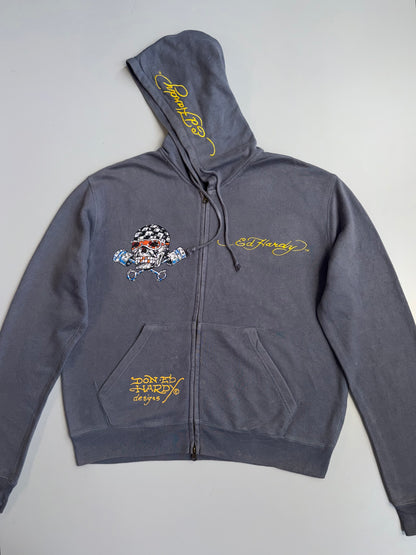 !      Ed Hardy 'Skull & Pistons' Rhinestone Zip-Up Jacket - Slate Grey (U.RARE) (M/L)