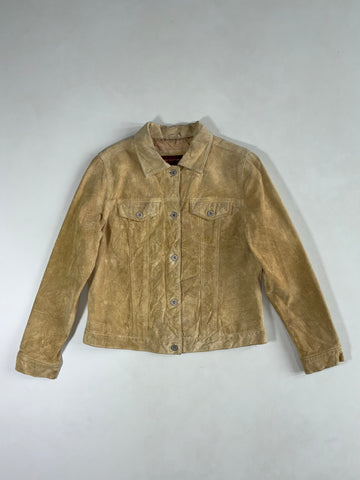 Eddie Bauer Seattle Suede Tan Suede Leather Trucker Jacket, Women’s (S)