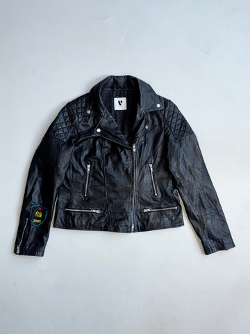 Vintage V By Very Black Quilted Leather Biker Jacket Women’s (M)