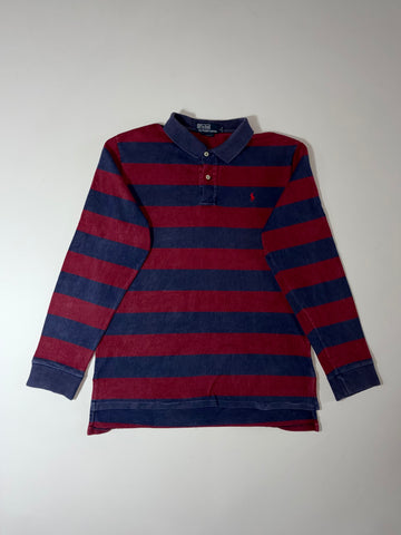 Vintage Polo by Ralph Lauren Navy & Burgundy Striped Long Sleeve Rugby Polo (L)