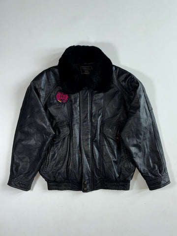 Vintage Mon Lup Black Leather Fur Collar Bomber Jacket (L)