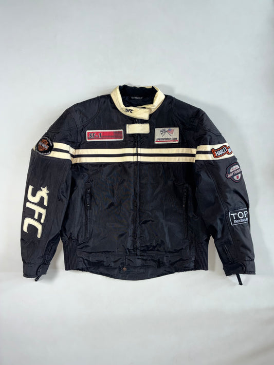 Vintage Gericke Speedforce Club 68 Motorcycle Racing Jacket – Black / Cream – Patchwork (XL)