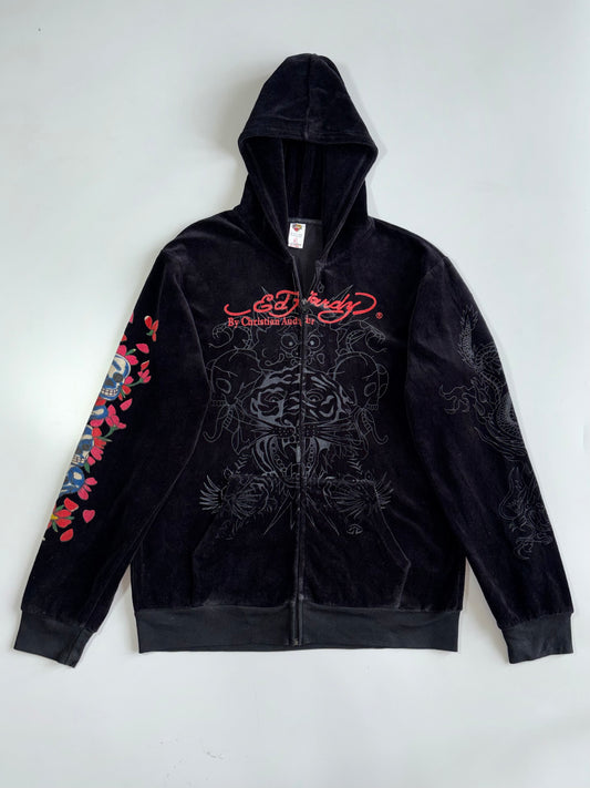 Ed Hardy by Christian Audigier Black Velour Tiger Dragon Skull Rhinestone Embroidered Zip Up Hoodie (M)
