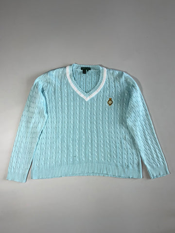 Lauren Active Ralph Lauren Cable Knit Cricket Sweater with Crest – Aqua Blue (XL)