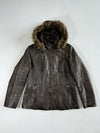EMC Women’s Dark Brown Leather Hooded Jacket – Faux Fur Trim (M)