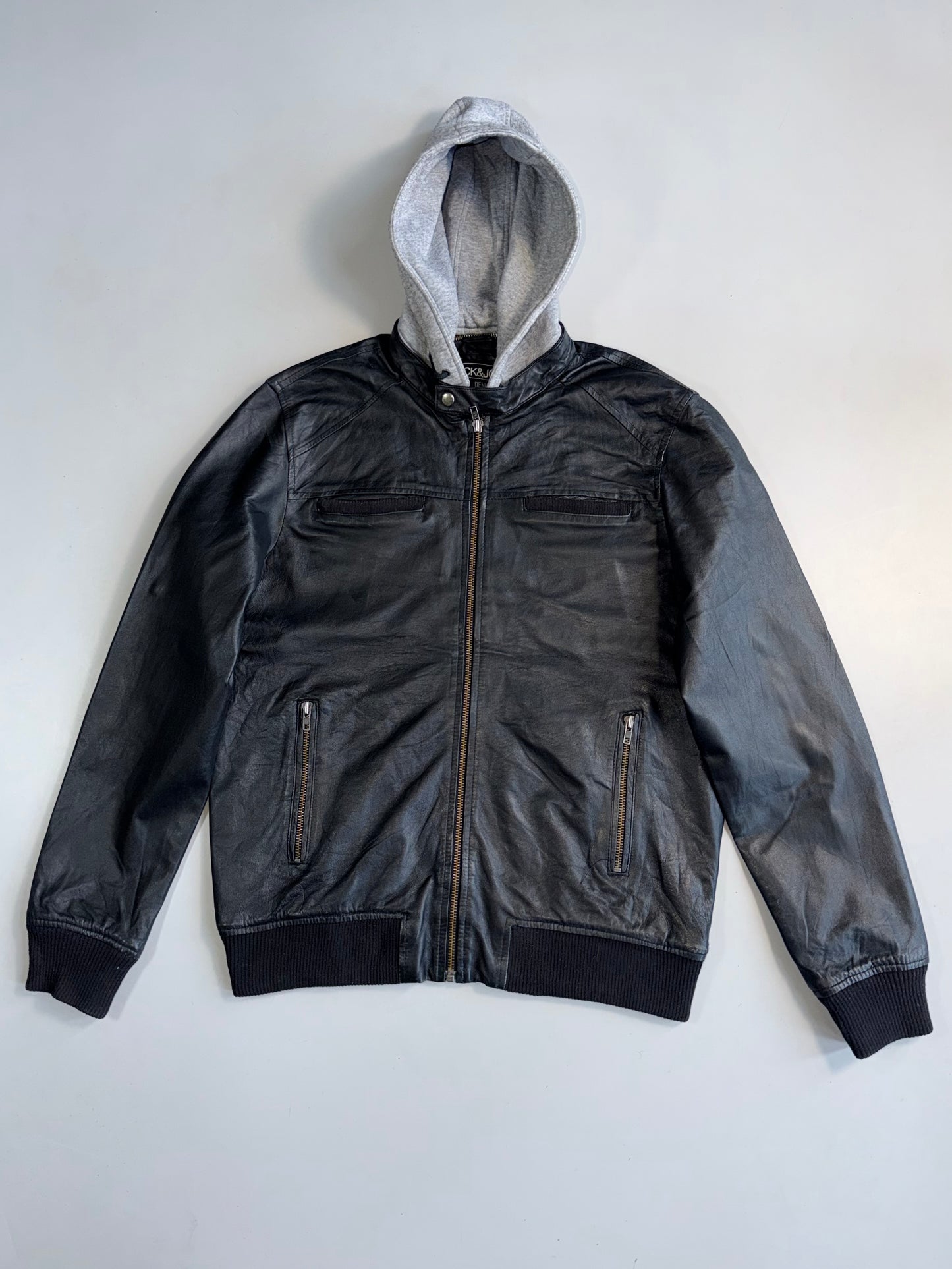 ZJack & Jones Core Genuine Leather Jacket | Detachable Grey Hood (XL)