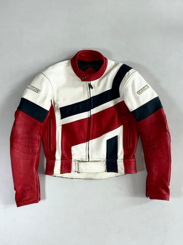 Vintage 90s Fieldsheer by Nelson-Rigg Leather Racing Jacket – Red/White/Navy – Made in Korea (S)