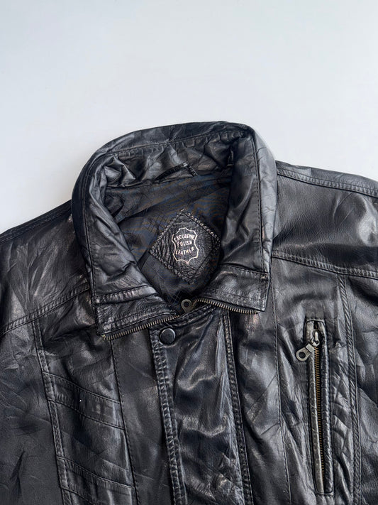 Vintage Black Leather Bomber Jacket (2XL)