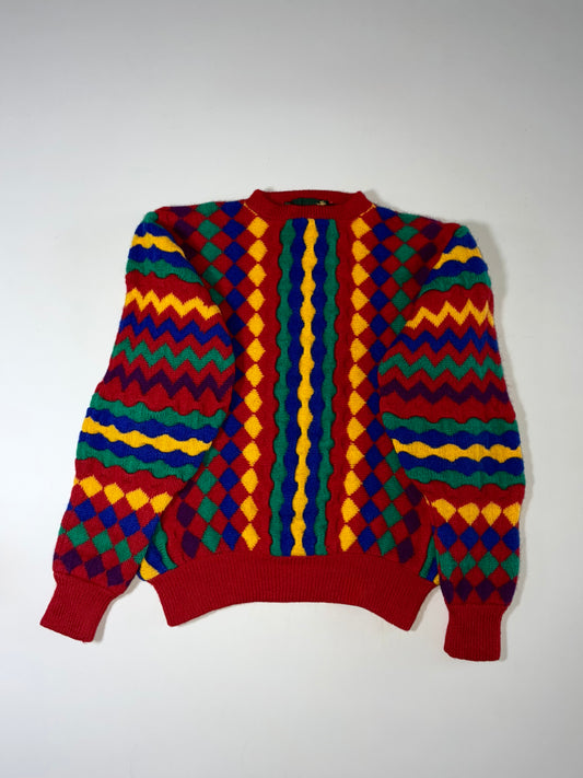 Vintage Jumpers 3D Textured Coogi-Style Wool Sweater – Multicolor  (XL)